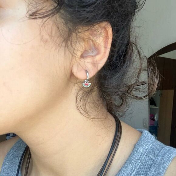 Watermelon Charm Huggie Hoop Earrings in Silver - Picture 2 of 5